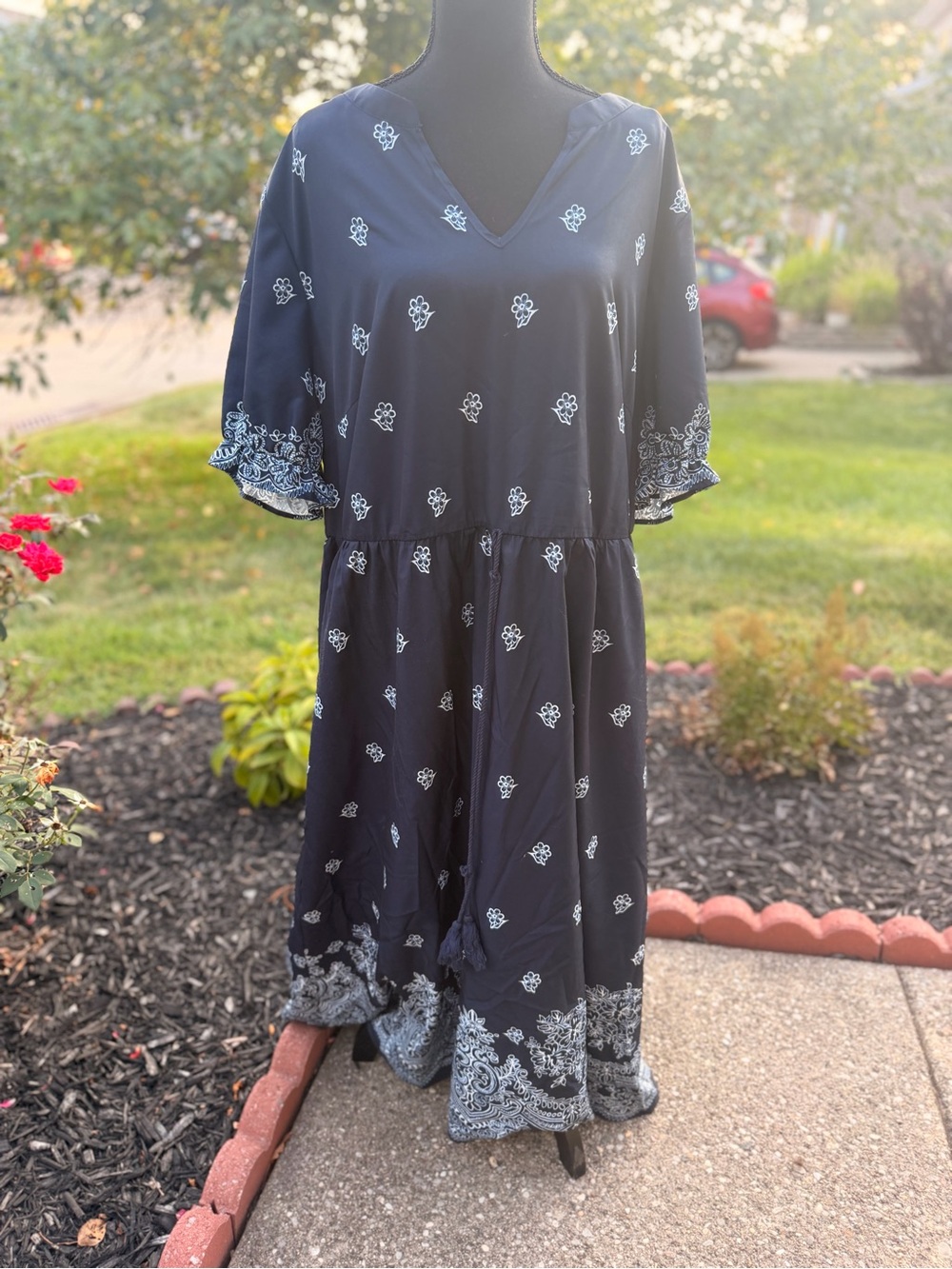 BloomChic Navy Midi Dress with White Floral Motifs